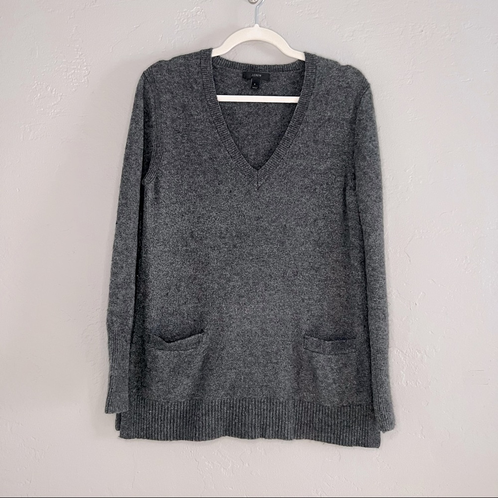 J Crew Gray Merino Wool V Neck Front Pocket Tunic Sweater in Supersoft Yarn